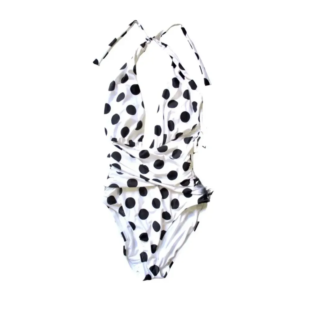La Blanca Polka Dot Halter One Piece Swimsuit Ruched Retro Pin Up Style Sz S